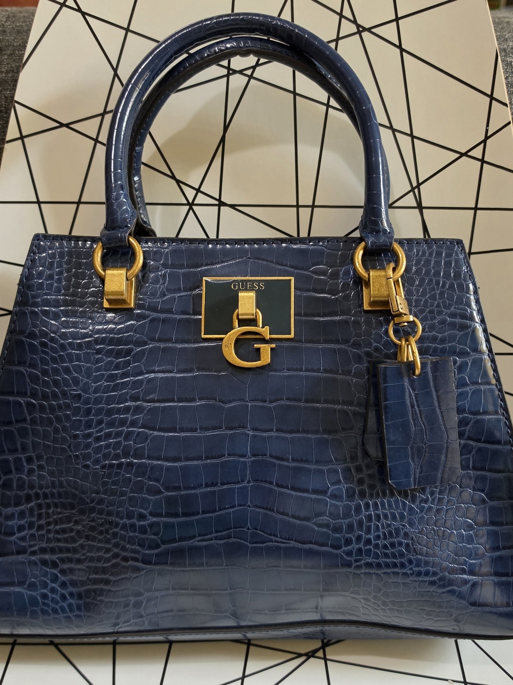 GUESS Navy Croc-Embossed Satchel with Gold Hardware